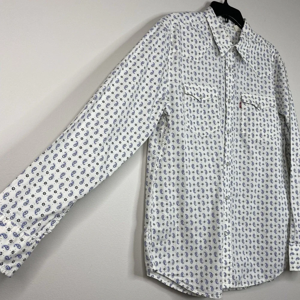 Levi's Men's L Classic Western Standard Fit Shirt‎ Pearl Snap Cream Blue Paisley